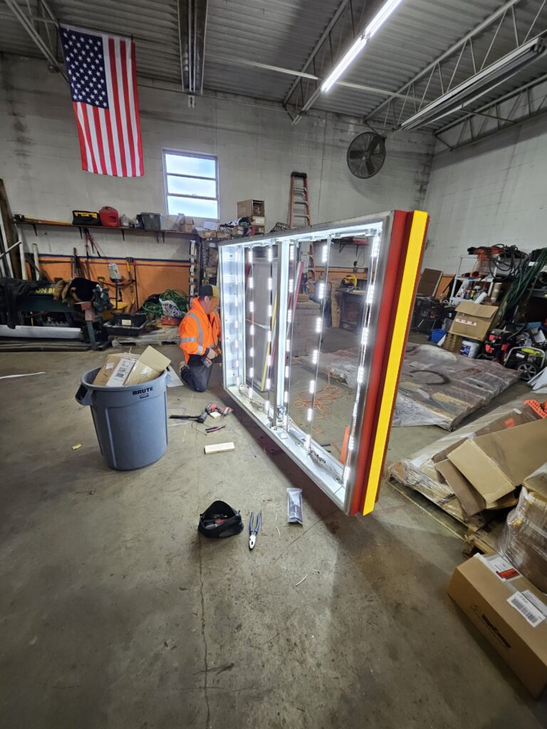 LED sign cabinet being built in the shop